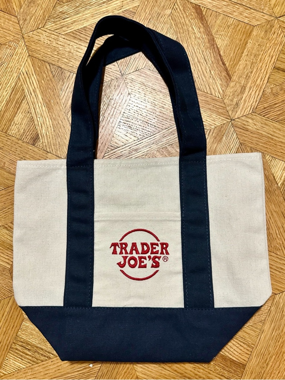 Trader Joe's Canvas Tote Bag in Natural and Navy with Red Logo